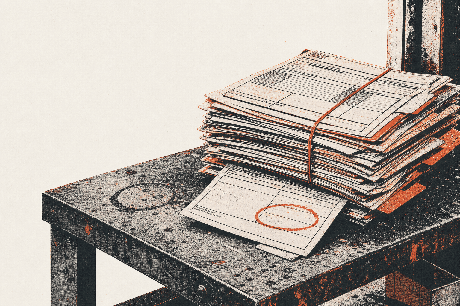 A rubber-banded stack of unsold estimate forms left on the corner of a workbench, one sheet pulled out with a dollar figure circled.