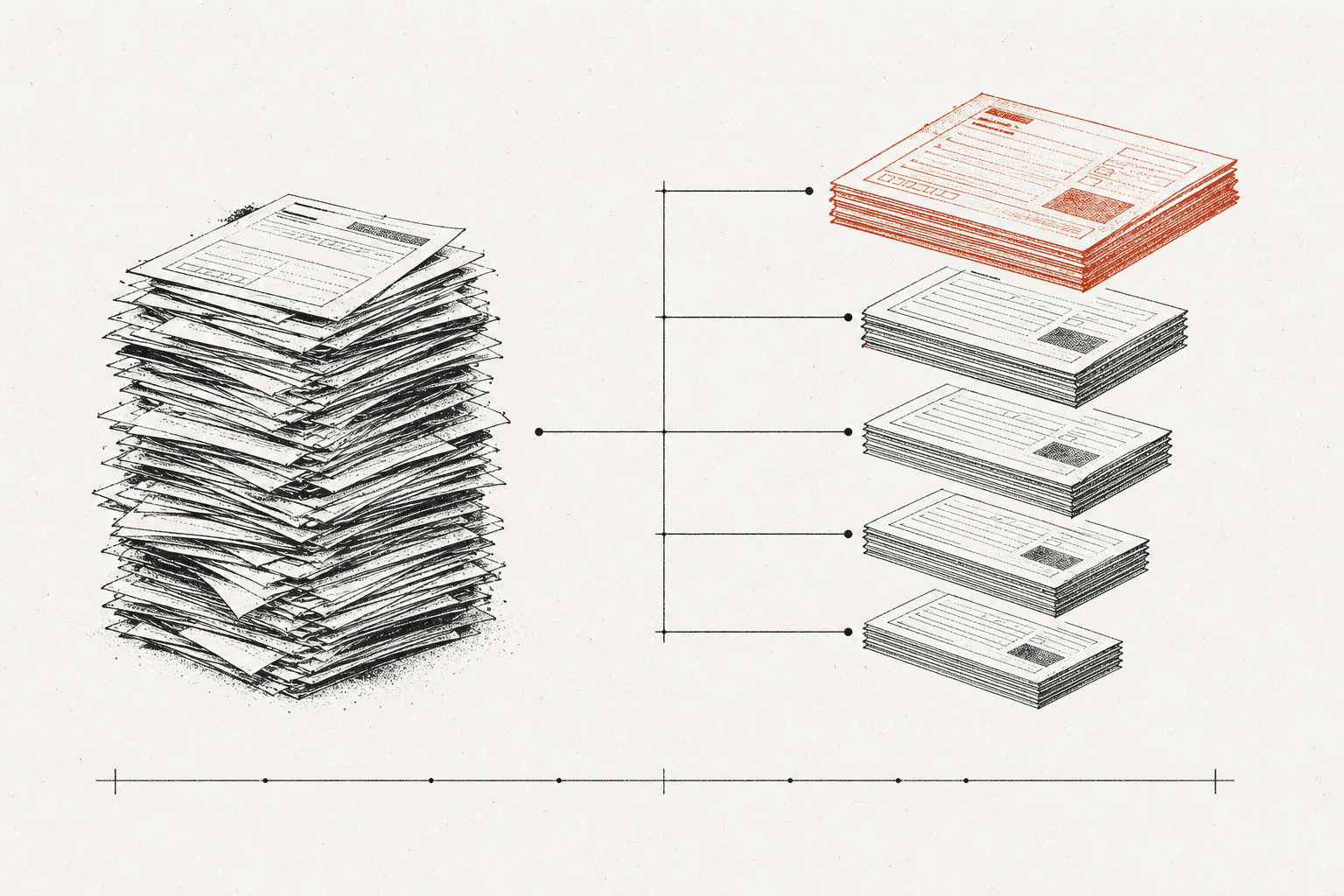 Diagram: one unsorted pile of estimate forms on the left, resolved into five ranked tiers on the right, with the top tier printed in orange.